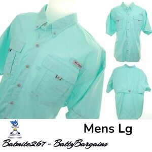 Columbia Mens Lg S/S Shirt PFG Button Up Outdoor Fishing Vented Hiking Aqua L